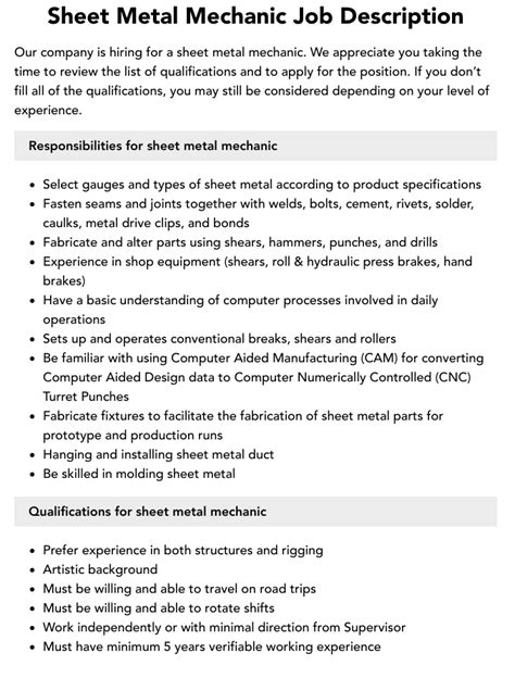 sheet metal work description|sheet metal technician job description.